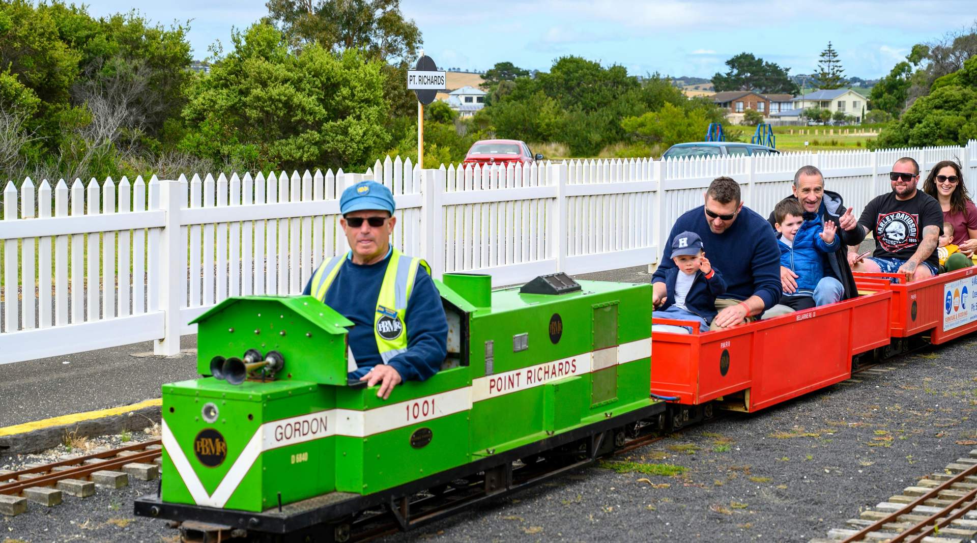 Passengers riding the Portarlington Bayside Miniature Railway