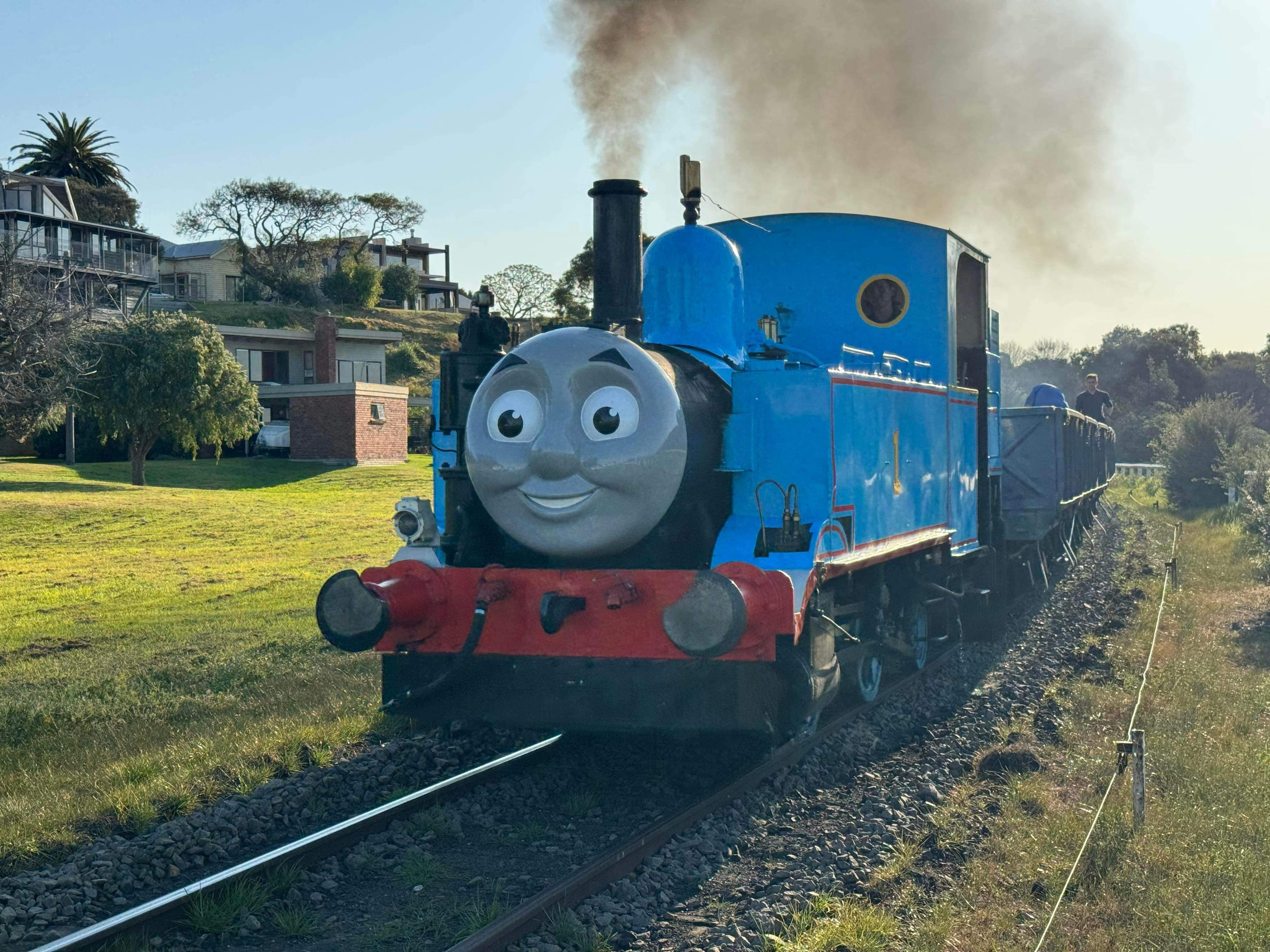 Thomas the Tank Engine steaming along the Bellarine Railway at Queenscliff