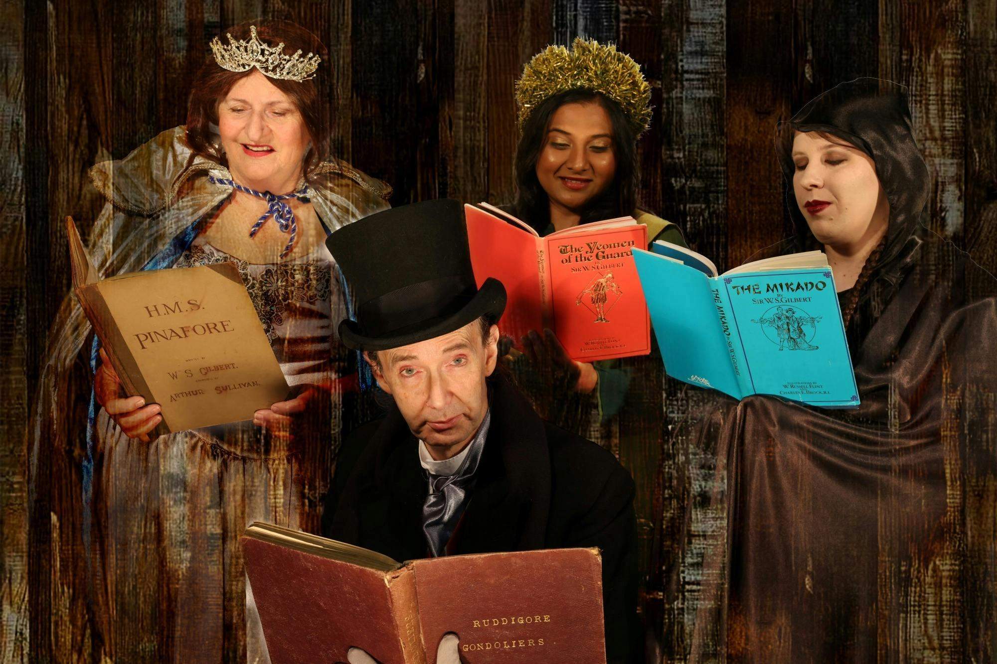 Costumed performers holding Gilbert and Sullivan scores for A G&S Christmas Carol