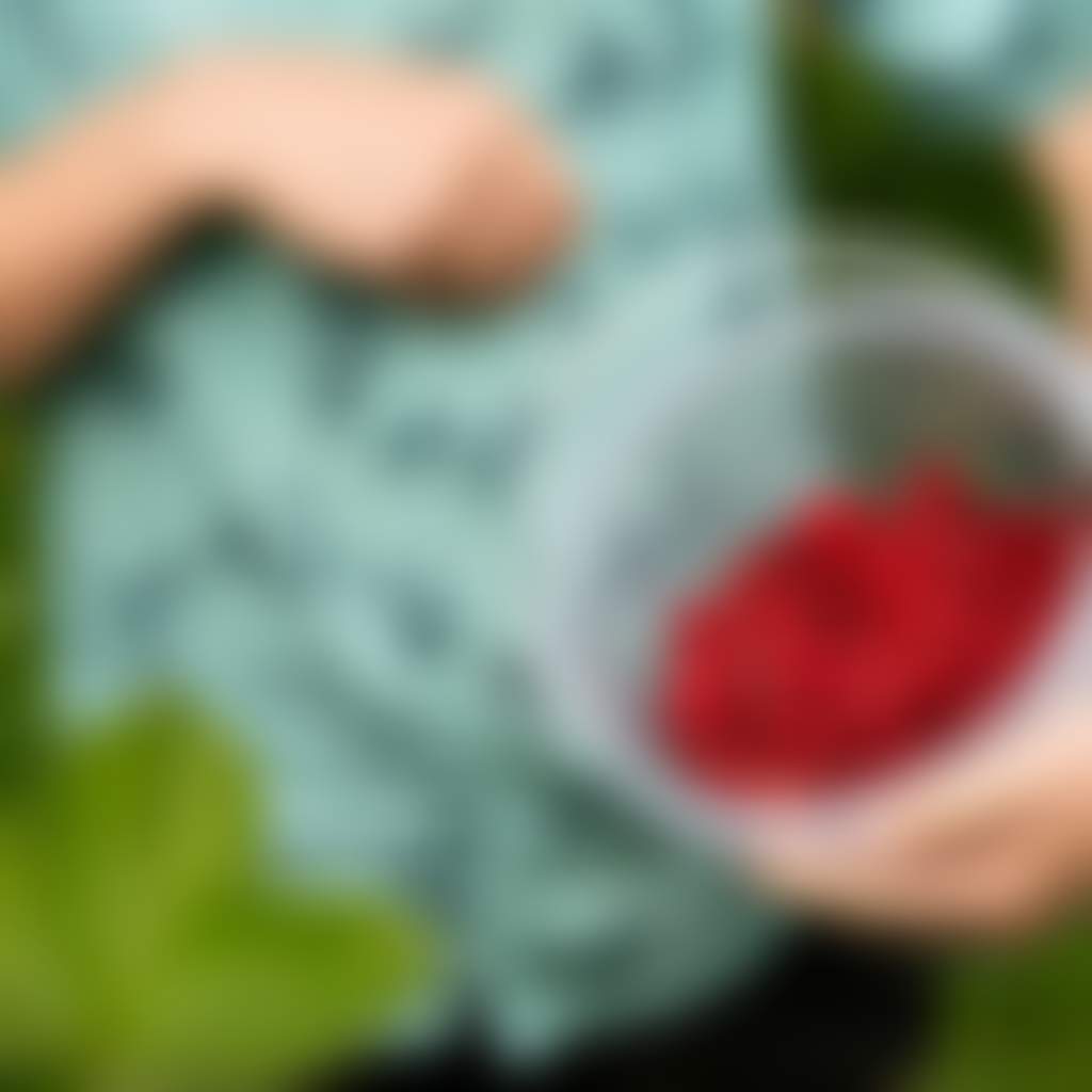 Boy is holding a bucket with raspberries