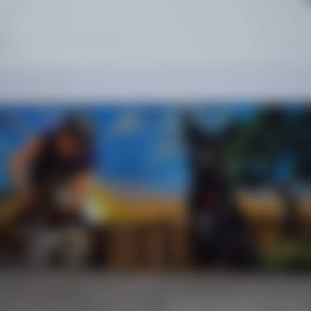 Yarram Murals man shearing a sheep with a dog Brown Wigg