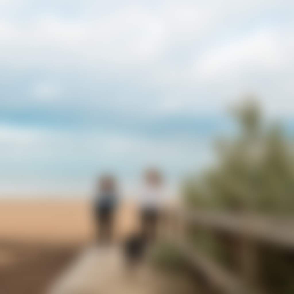 Coronet Bay two women leaving beach along boardwalk with dog