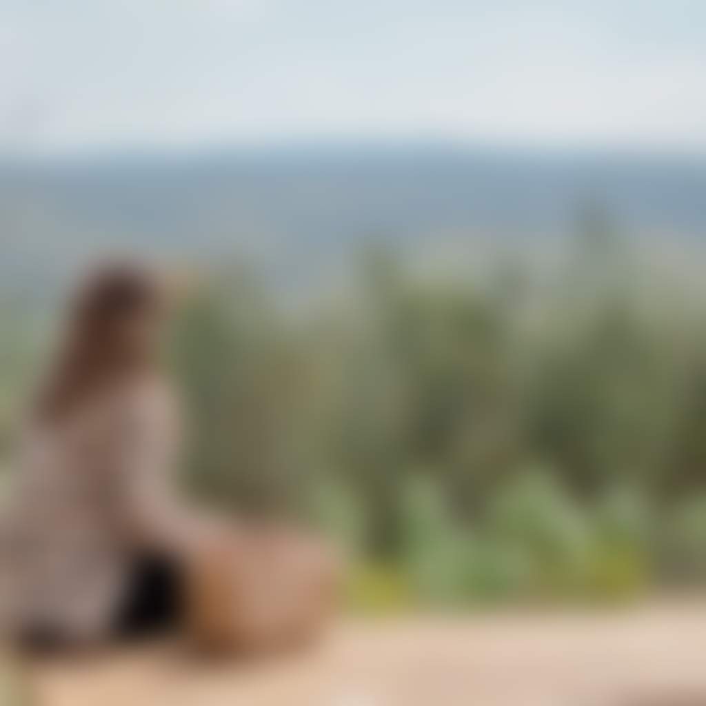 Close up of woman sitting on picnic table looking at the view at One Tree Hill near Buchan