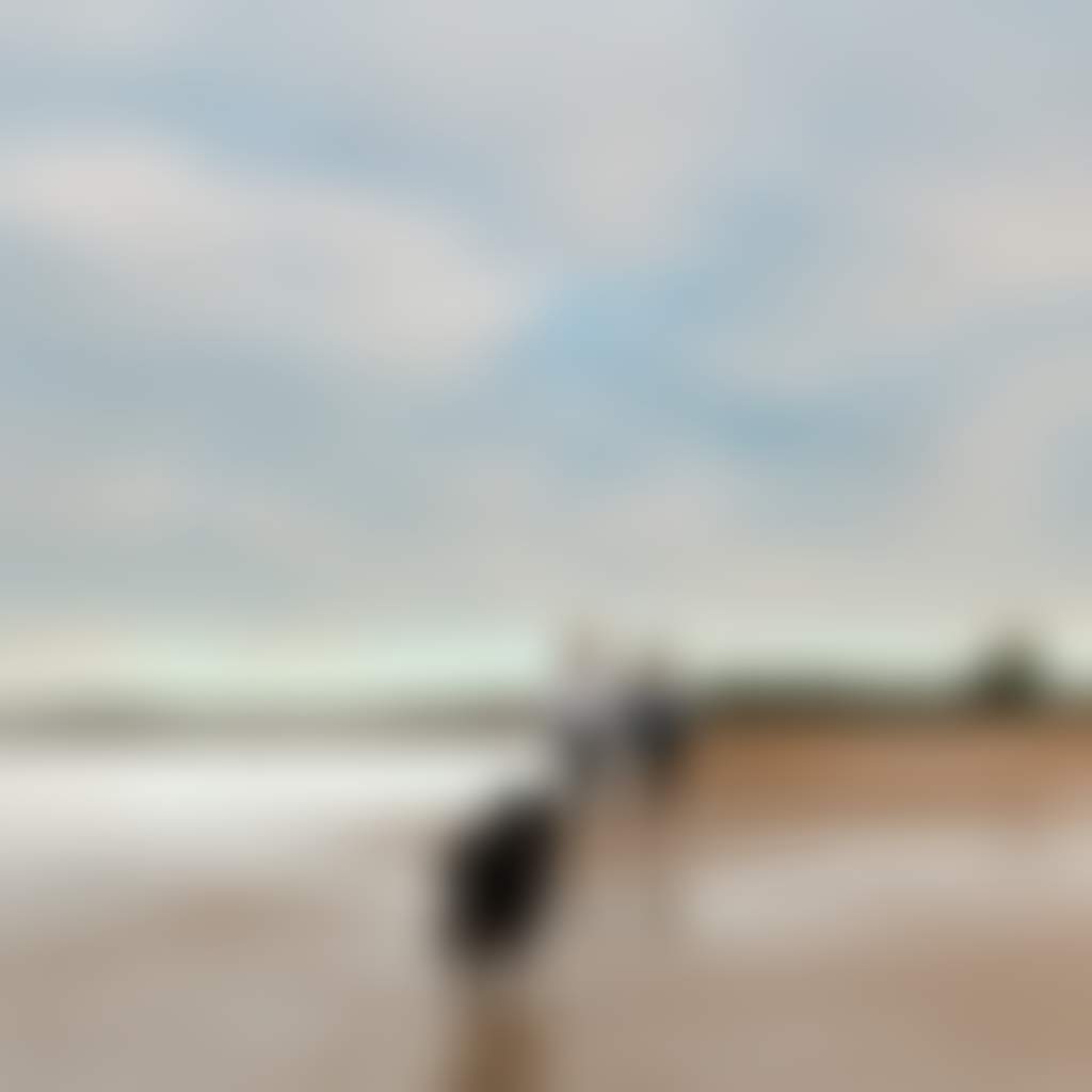 Coronet Bay 2 people walking dog on beach back angle