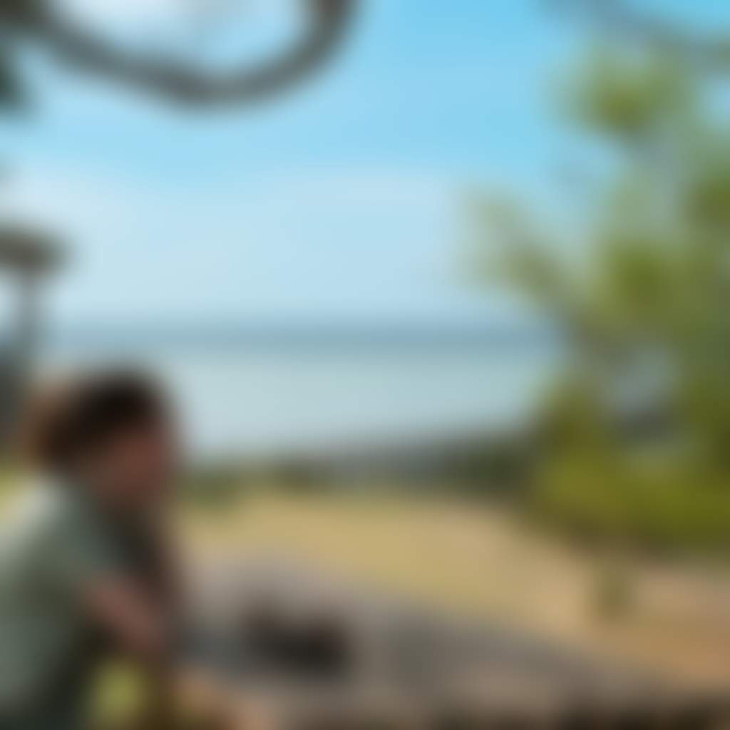 Corinella Beach person sitting on picnic bench looking out over jetty with trees and ocean