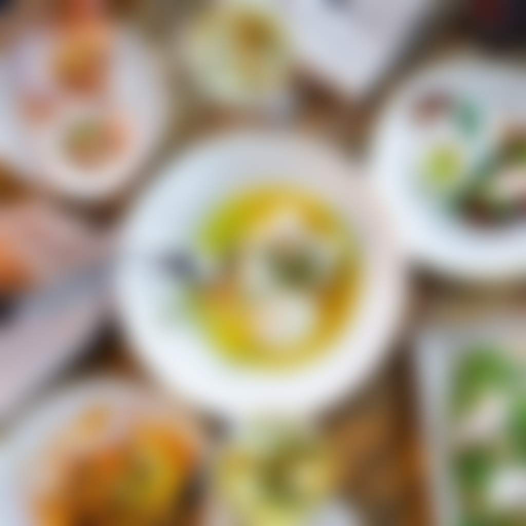 Sodafish birds eye view of seafood meals on table