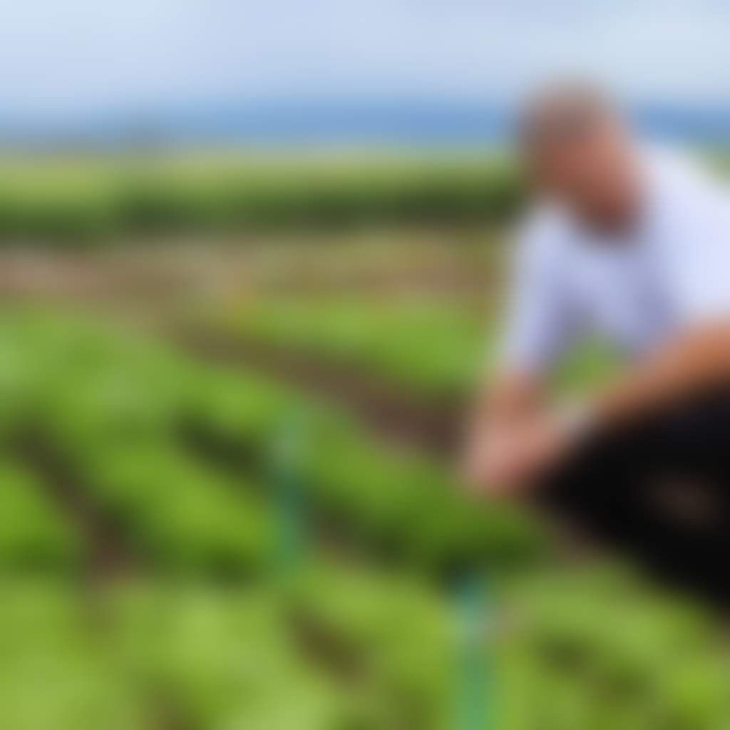 Lindenow chef crouched on the farm inspecting lettuce crop