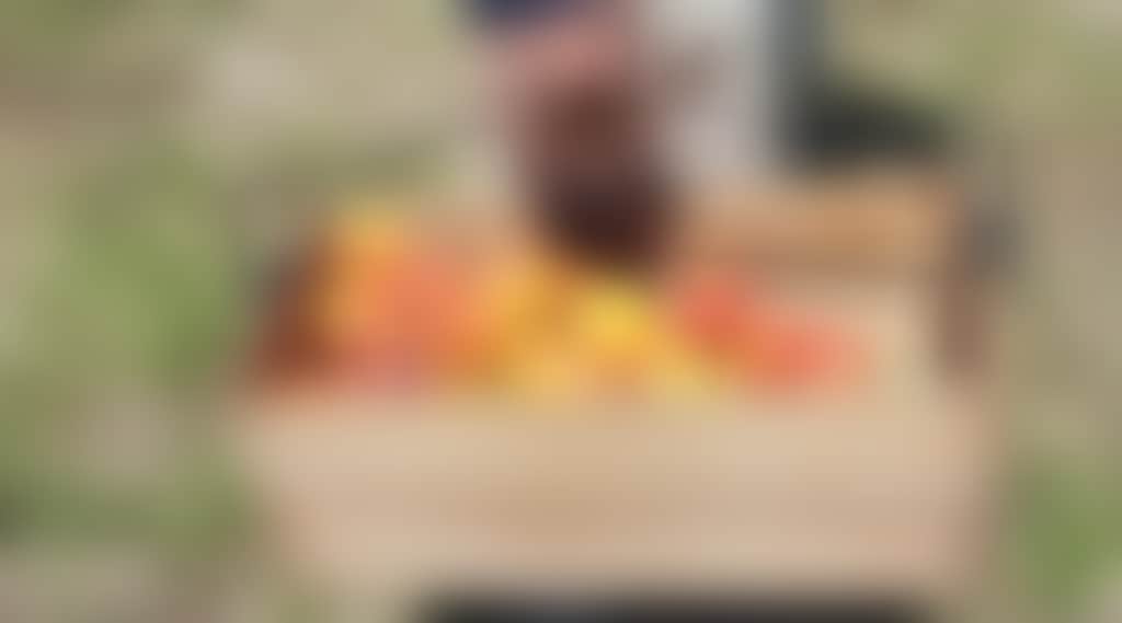Man holding a crate of peaches at Twin Rivers Fruit