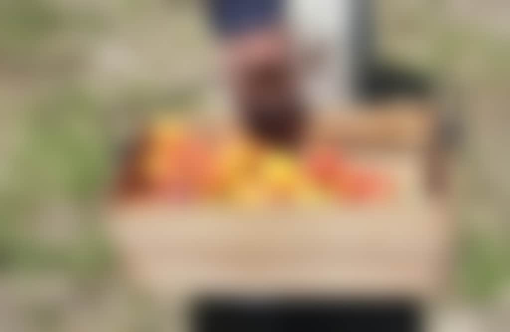 Man holding a crate of peaches at Twin Rivers Fruit